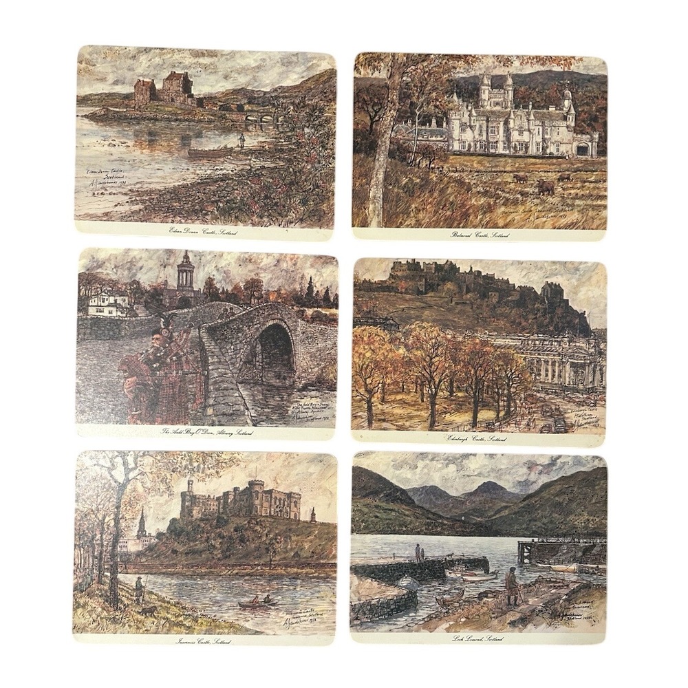Vintage 6PC  Coaster Mats Watercolor Paintings Scottish Castles‎ J Arthur Dixon